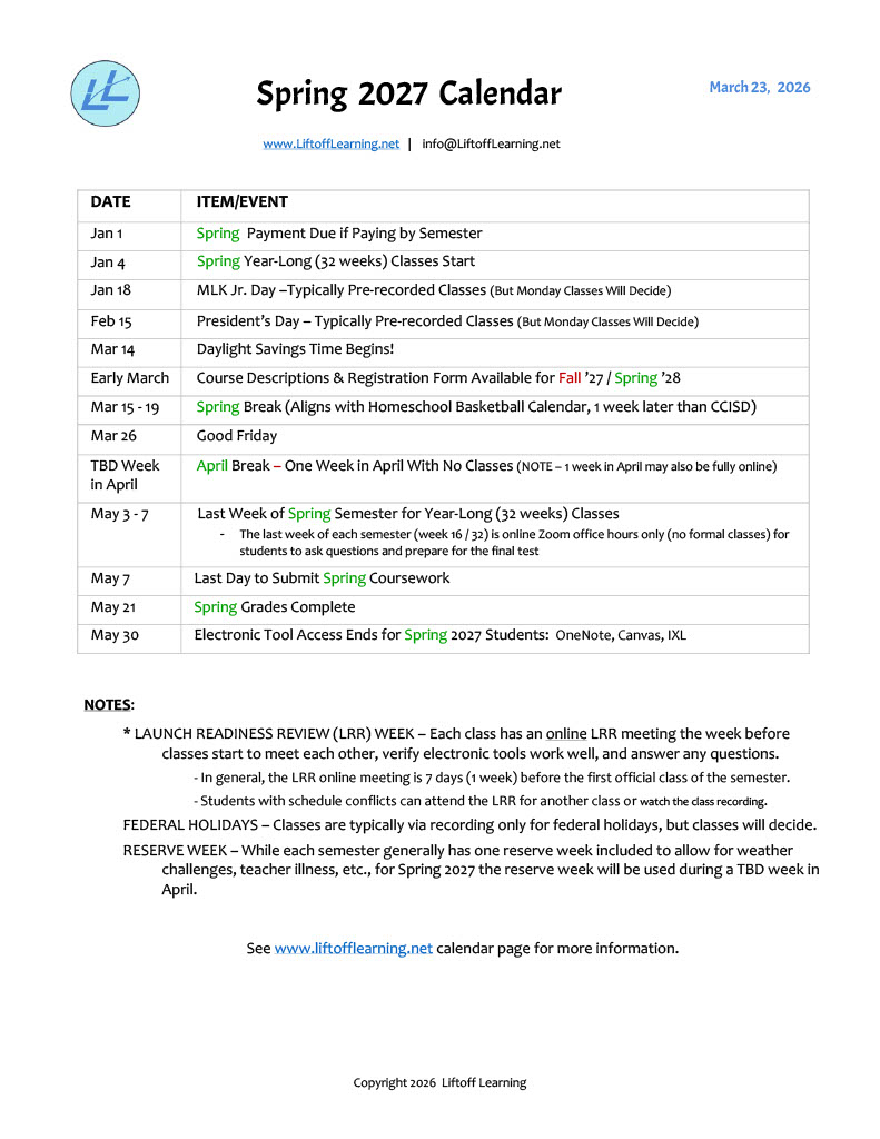 Spring 2027 Calendar